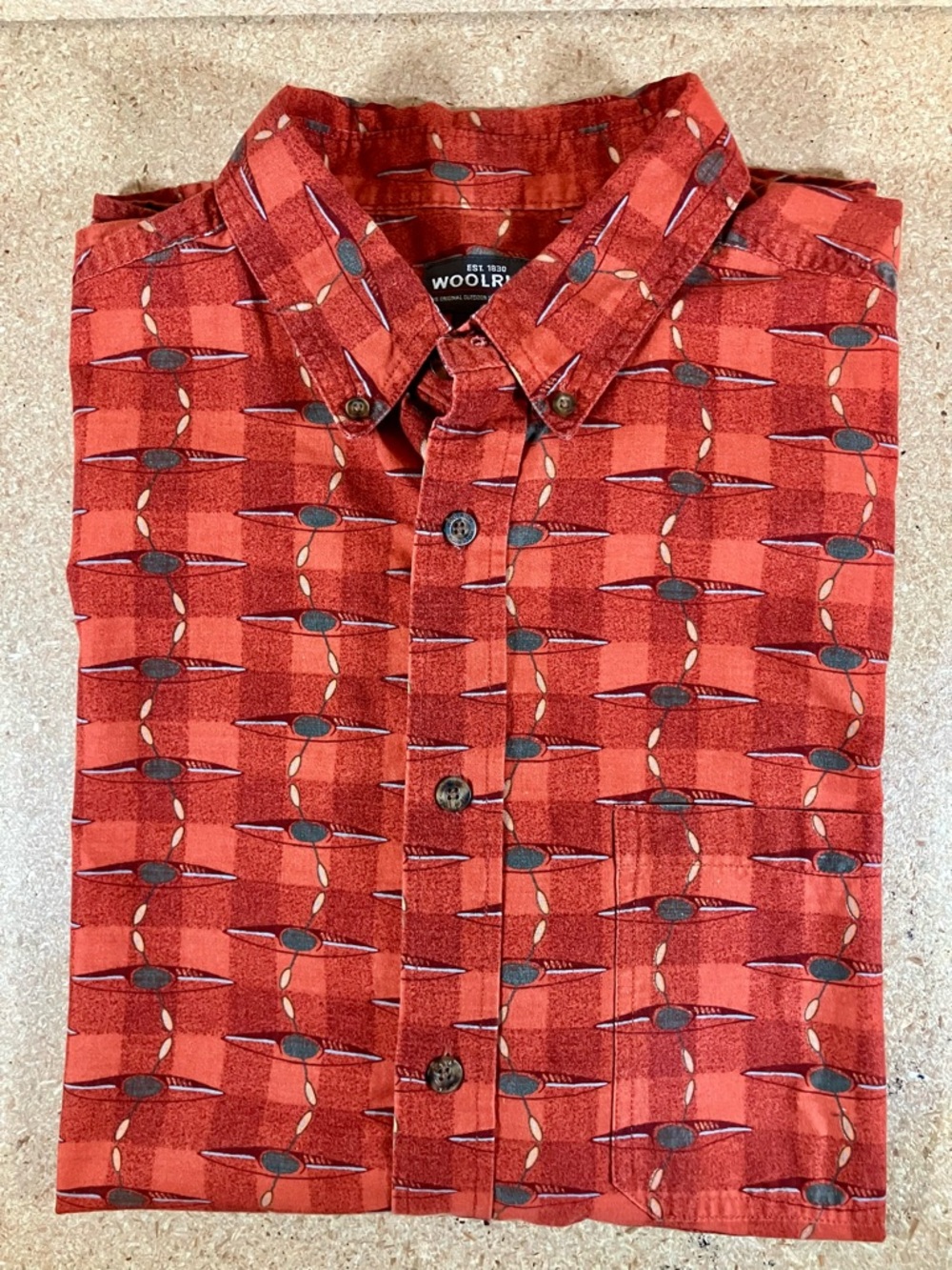 Woolrich Brick Kayak Graphic Button Down Short Sleeve size XL All over Print